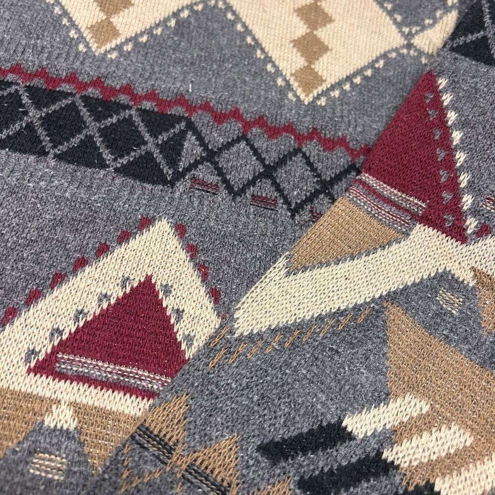 Vintage 90's Pullover Sweater Tribal Checker Knit Grandpa Dad Red Gray Large - Picture 2 of 6